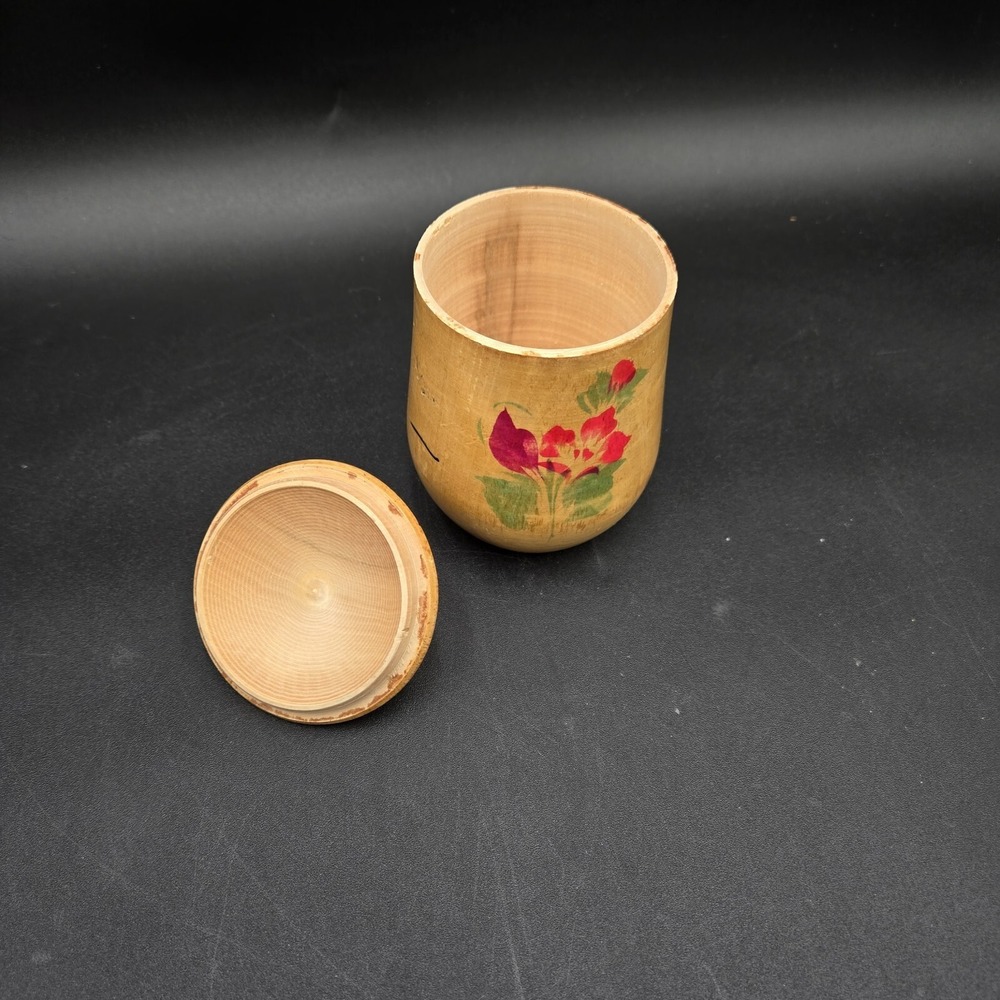 Vtg‎ Russian ? Ukranian Wooden Container Vase with Lid Folk Art Pink Floral - Picture 2 of 13